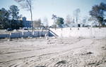 Foundation of the Alumni Hall construction site looking northwest